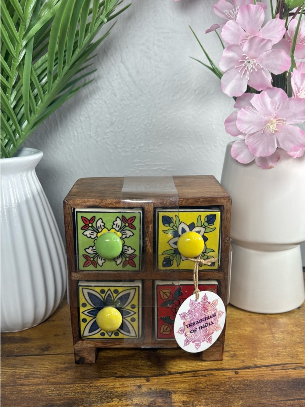 Handcrafted Wooden Mini Drawer Chest with Colorful Ceramic  – 4 Drawer NWT